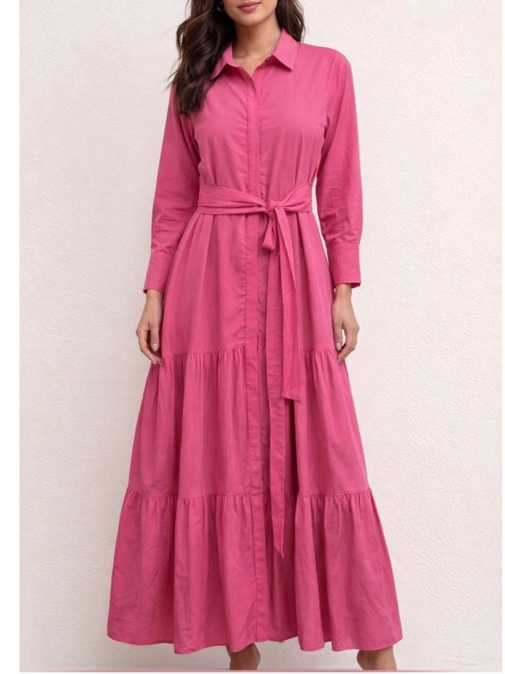 Kobi Halperin Lidia Pink Button Front Belted Tiered Maxi Shirtdress size M